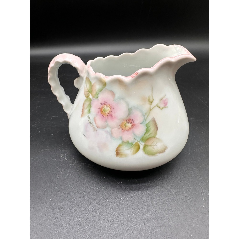 Antique Hand Painted Floral Creamer Pitcher White Pink Wild Rose Scalloped Edge